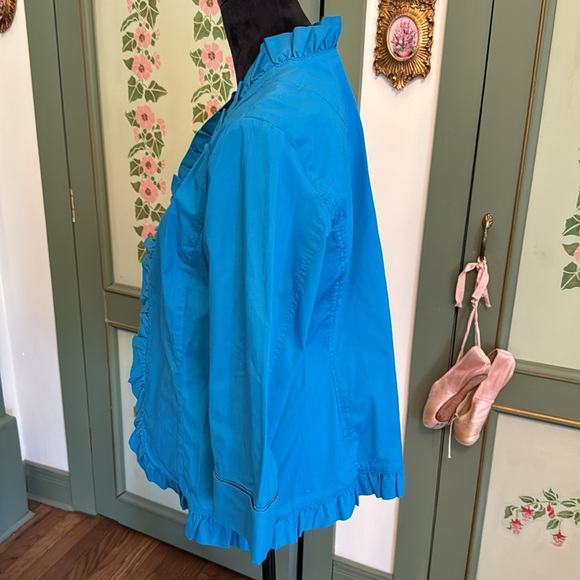 CHICO'S LIGHTWEIGHT TURQUOISE JACKET WITH RUFFLE DETAIL Size 2 - Picture 3 of 9